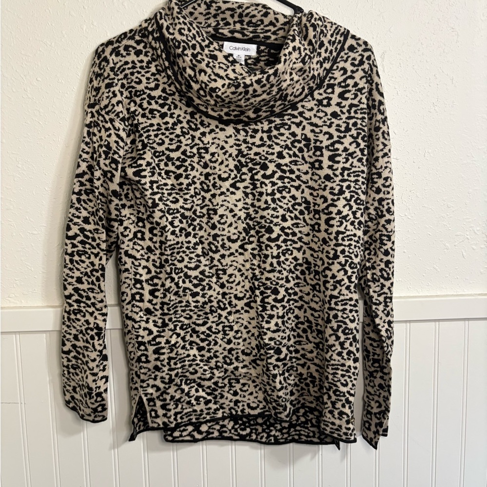 Calvin Klein Women's Cowl Neck Leopard Sweater - Black and Tan